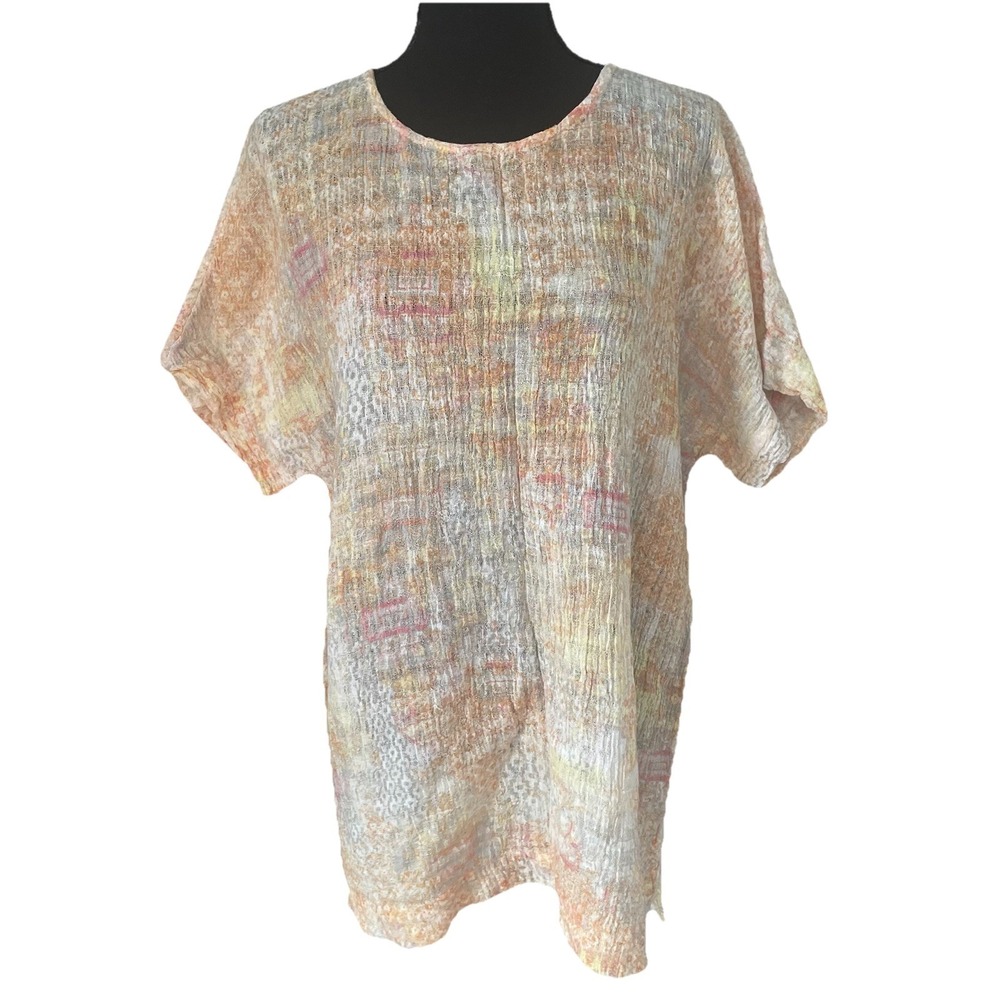 PURE JILL J. Jill Sz‎ M Linen/Cotton Abstract Gauzy Semi-Sheer Tunic Top Coastal